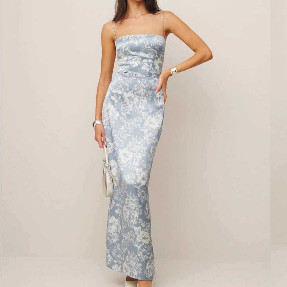 SOLD Sz 2 Reformation Frankie 100% Silk Blue Floral Formal Dress NWOT